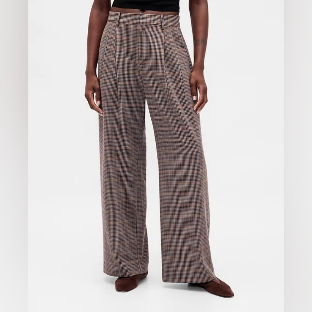 NWT 365 High Rise Brushed Twill Pleated Trousers In Brown Plaid 12
